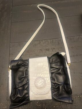 Fleming’s Black and White Genuine Leather Shoulder Bag Made in Italy